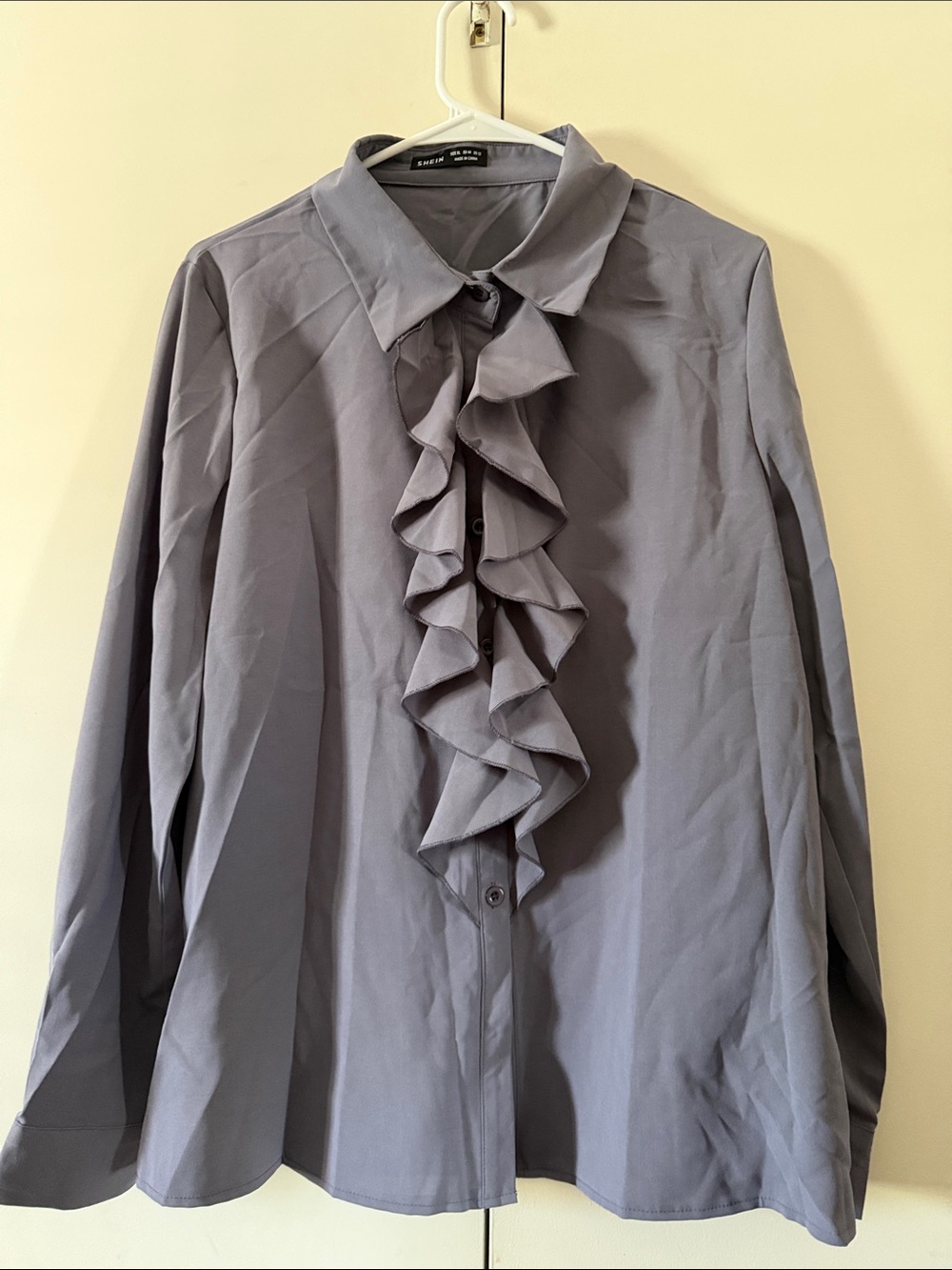 SHEIN Gray Ruffle Front Long Sleeve Blouse